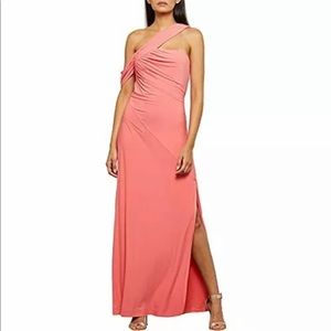 BCBG Max Azria Women's Gathered One Shoulder Side Slit Column Gown Coral Size S